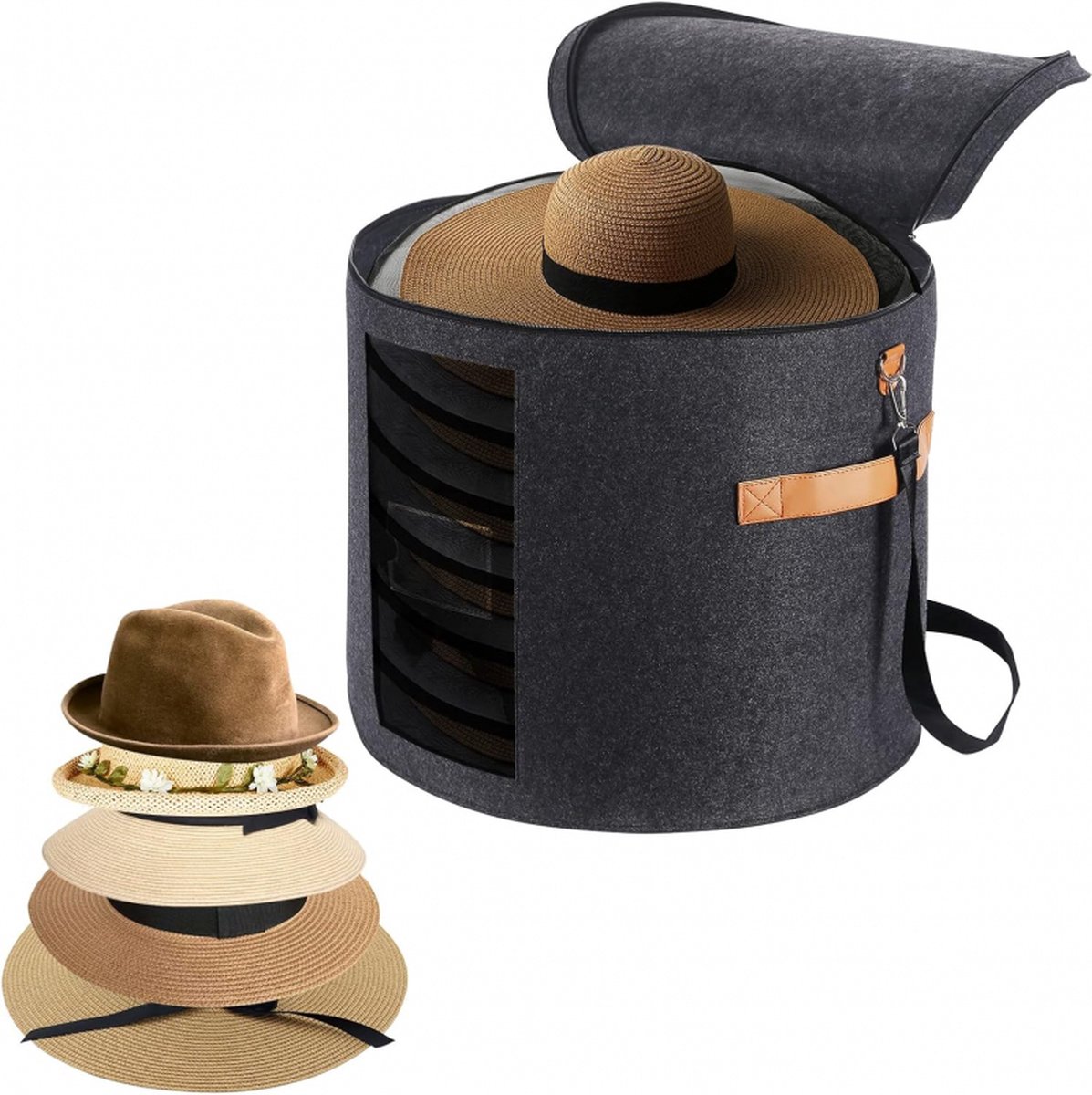 Hat box - storage boxes - Hat storage box - round - dark gray - 50 x 43 cm - felt - foldable - with lid and carrying handle and zipper - transparent window Hat box - storage boxes - Hat storage box - round - dark gray - 50 x 43 cm - felt - foldable - with lid and carrying handle and zipper - transparent window