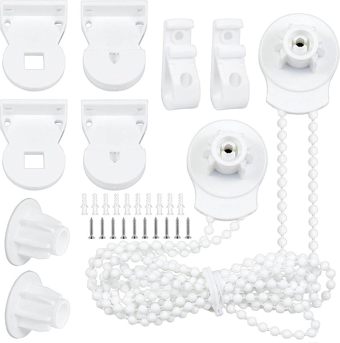 2 set - Roller blind system - roller blind fitting - bead chain - Curtain parts - window decoration accessories - roller blind chain - replacement repair kit for roller blinds - for Ø25 MM roller blind tube - with P-clips and screws - White
