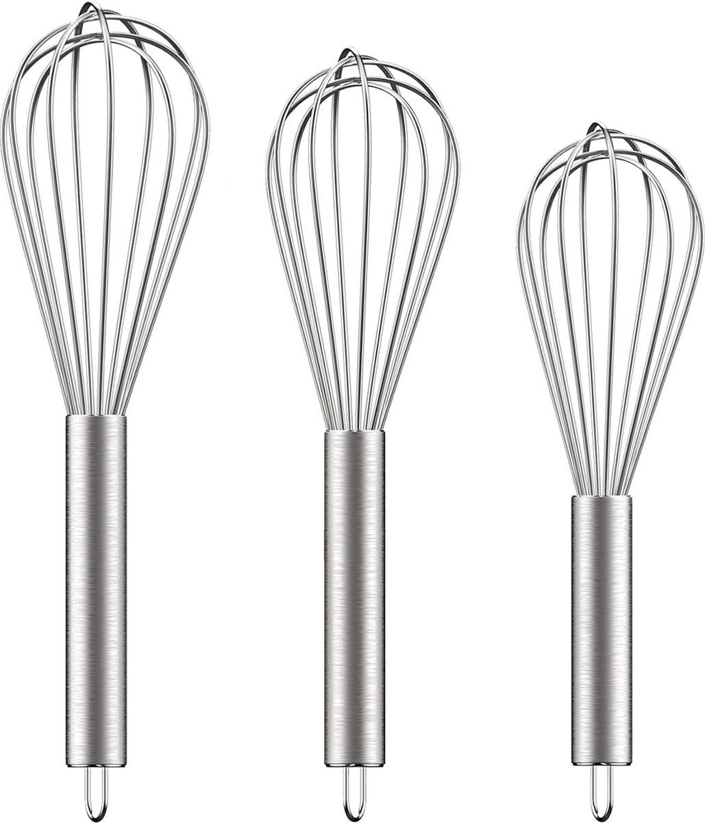 3 pieces - egg beater - Hand mixer - Manual egg beater - 8 inch + 10 inch + 12 inch - Cream mixer - for baking in the kitchen - silver - stainless steel