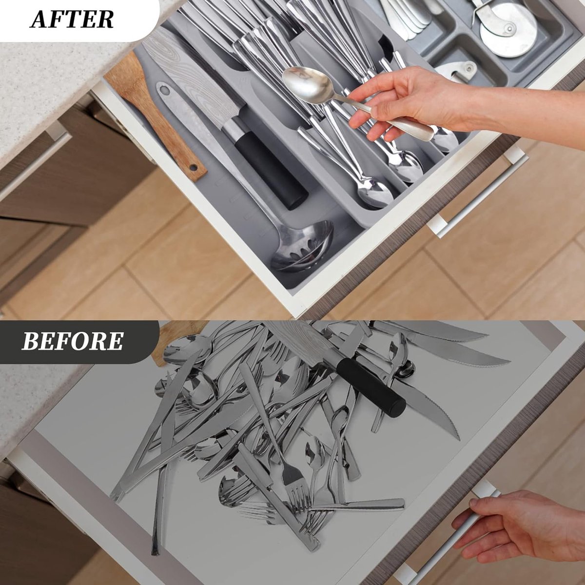 2 in 1 Storage Box - Cutlery Organizer - Cutlery Tray - Drawer Organizer - Multifunctional Cutlery Tray - Pull-out Cutlery Tray - Cutlery Tray Drawer Divider - Small Cutlery Tray for Kitchen - Storage Bins for Cutlery Storage - Gray - PP - 40.5*16.5*5.5cm