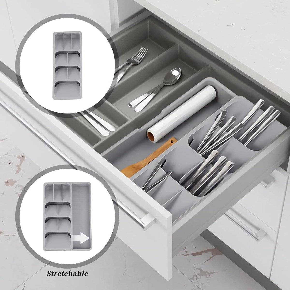 2 in 1 Storage Box - Cutlery Organizer - Cutlery Tray - Drawer Organizer - Multifunctional Cutlery Tray - Pull-out Cutlery Tray - Cutlery Tray Drawer Divider - Small Cutlery Tray for Kitchen - Storage Bins for Cutlery Storage - Gray - PP - 40.5*16.5*5.5cm
