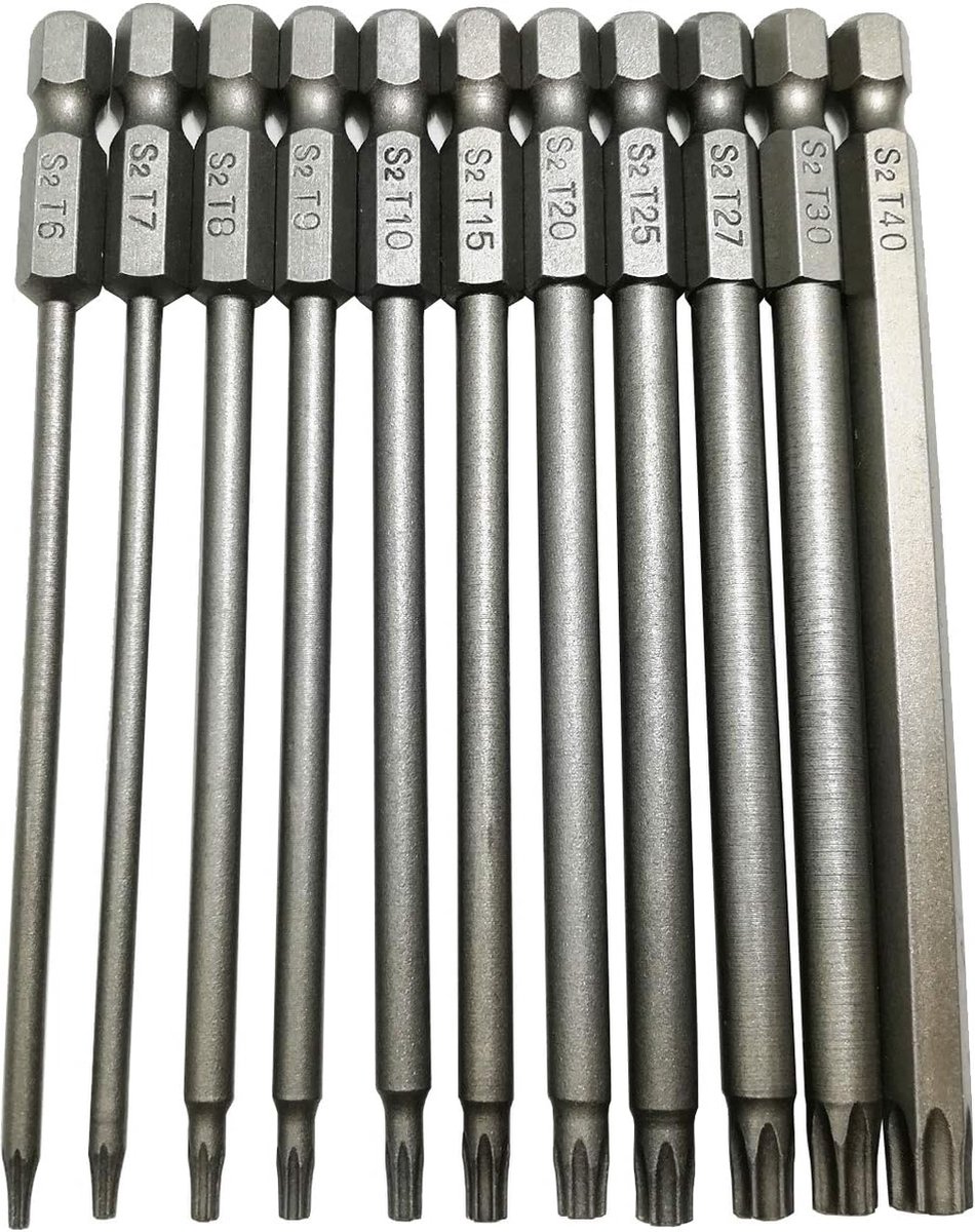 11 pieces - Screwdriver bits - Screwdriver bit set - Long Torx screwdriver set - Hollow Torx bit set - S2 steel - with security head - hexagon shaft - 100mm - T6 T7 T8 T9 T10 T15 T20 T25 T27 T30 T40