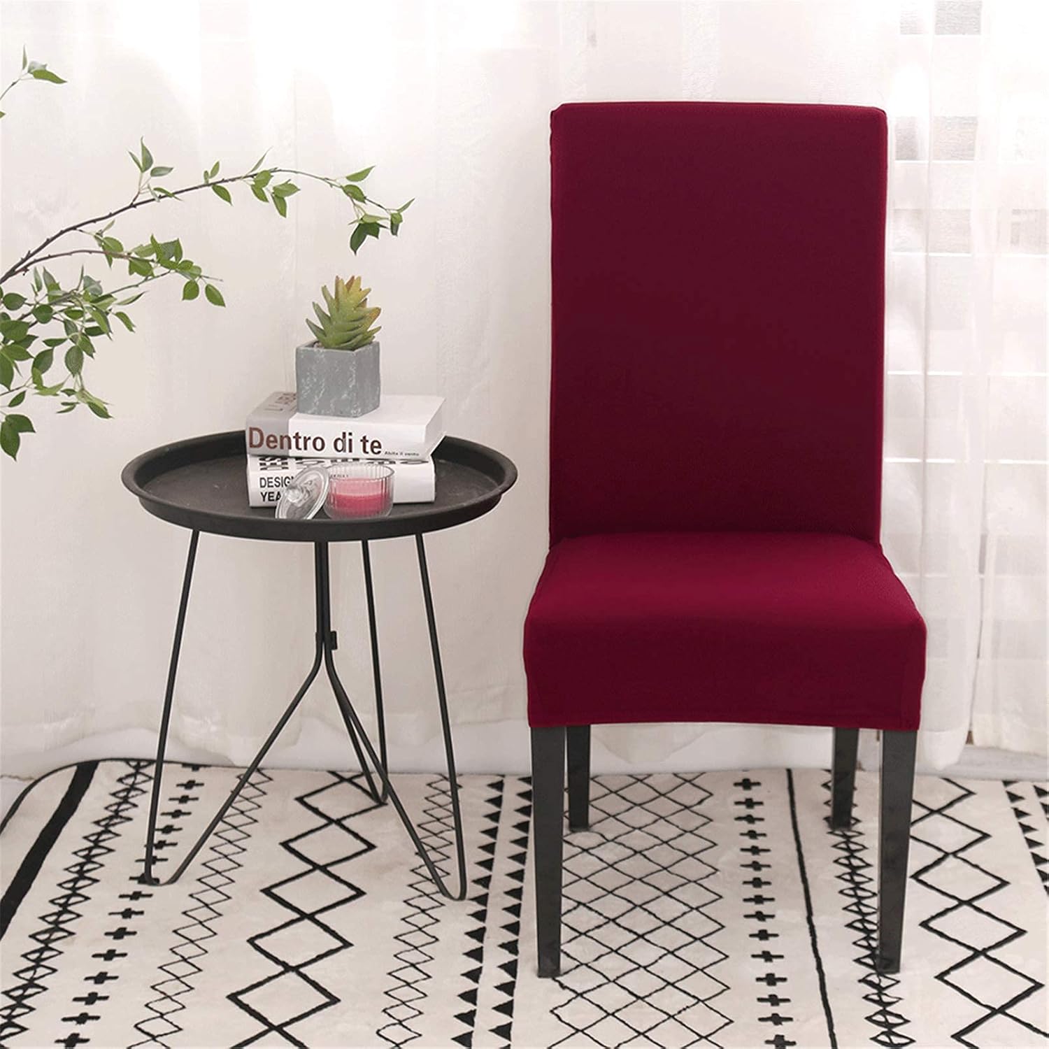 Stretch Washable Chair Covers Set of 4 Wine Red Removable Slipcovers for Hotel Decoration