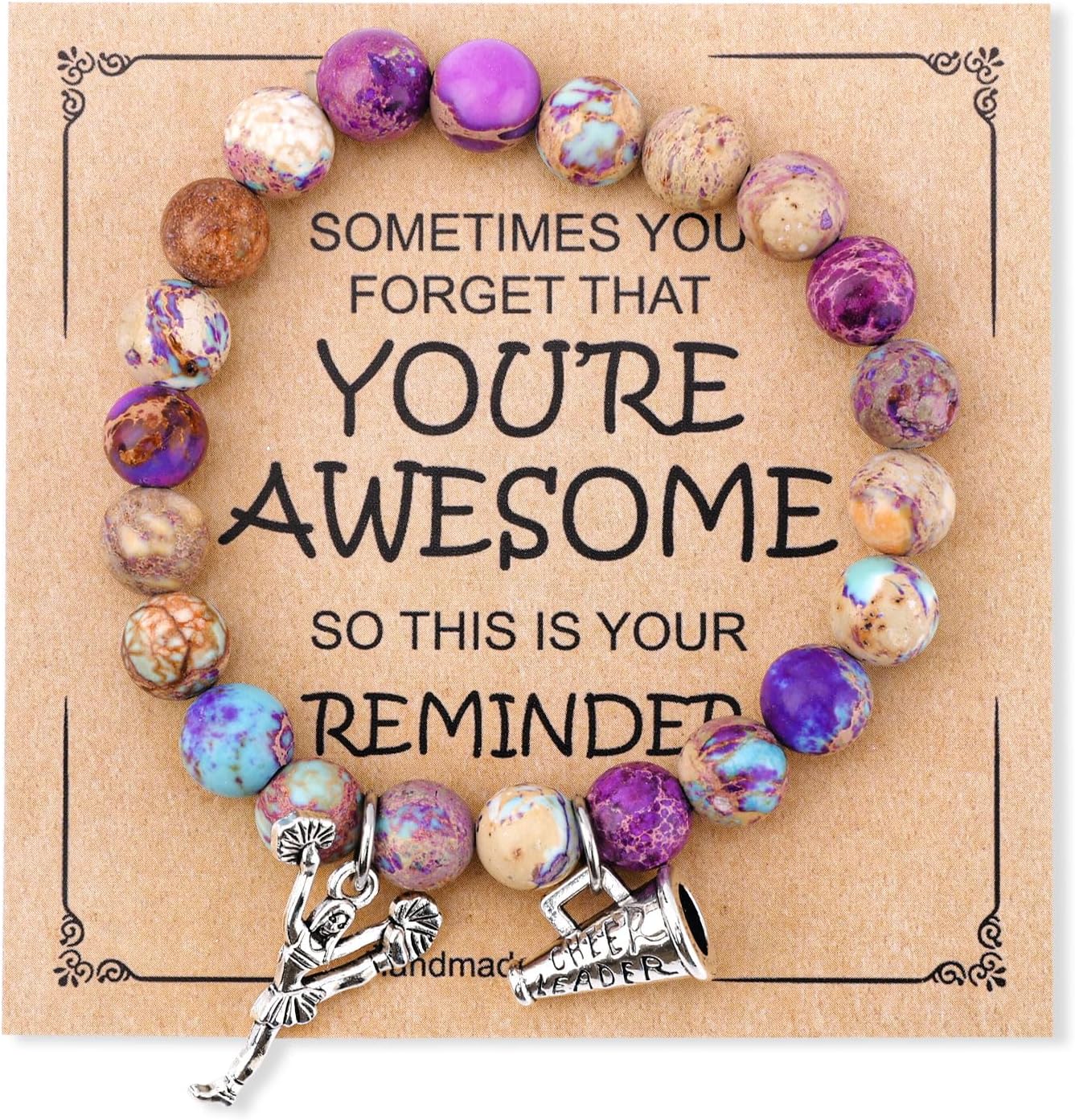 Cheer Bracelet, Imperial Stone Cheerleading Bracelet with Encouragement Card Charming Cheerleader Gifts Elegant Smooth Cheer Stuff with Cheerleader Jewelry Pendant