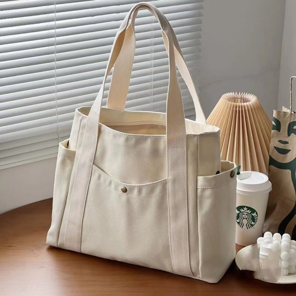 Canvas Tote Bag Large Capacity White for Work Travel College Student Book Shoulder Bag