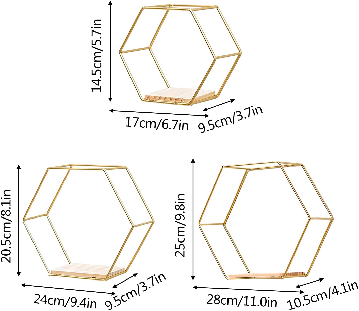 3 Pcs Gold Hexagon Wall Shelves