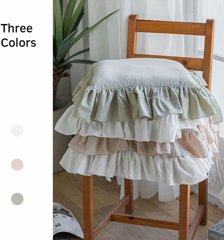 Ruffled Chair Cushions with Ties Elegant Vintage Cotton Chair Pads Soft Cotton Filled Seat Cushion for Farmhouse Home Kitchen Dining