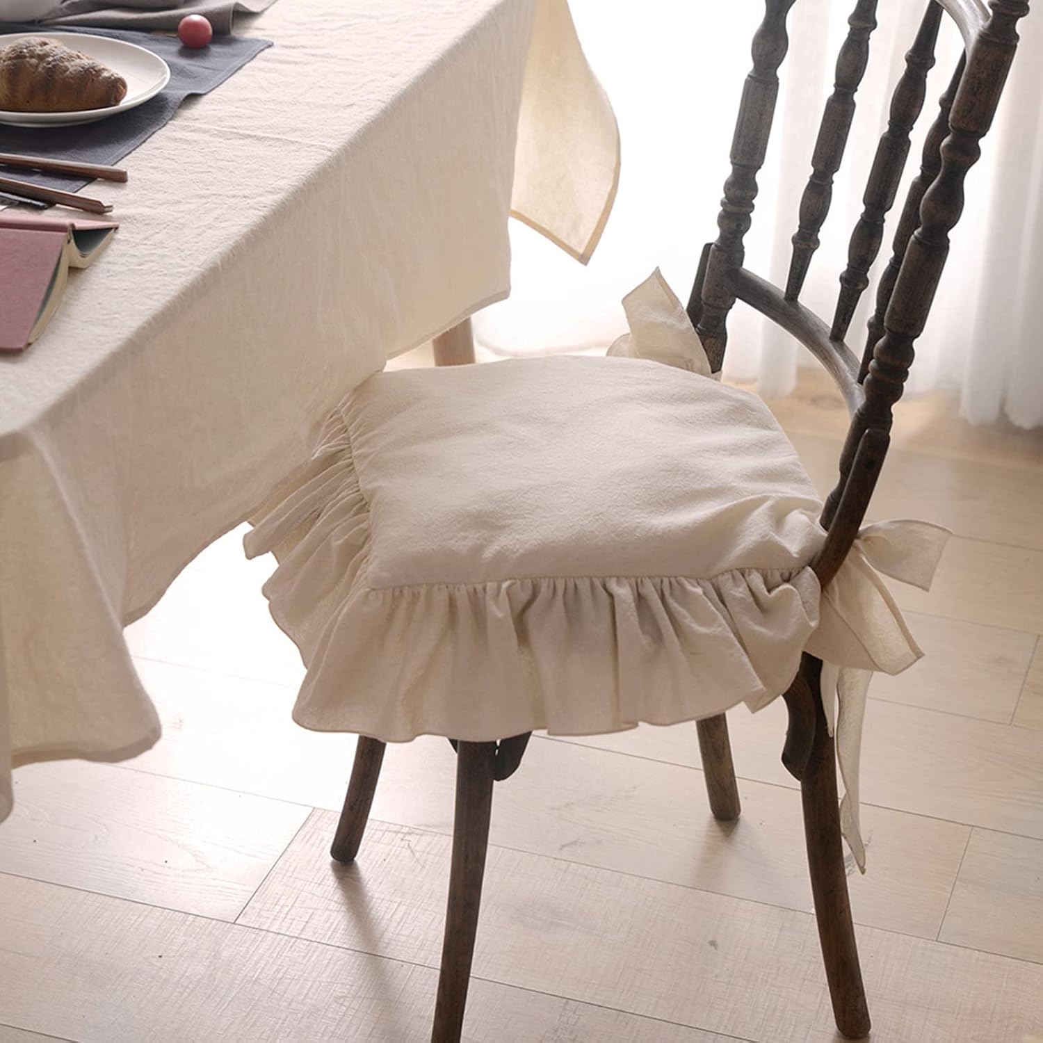 Ruffled Chair Cushions with Ties Elegant Vintage Cotton Chair Pads Soft Cotton Filled Seat Cushion for Farmhouse Home Kitchen Dining