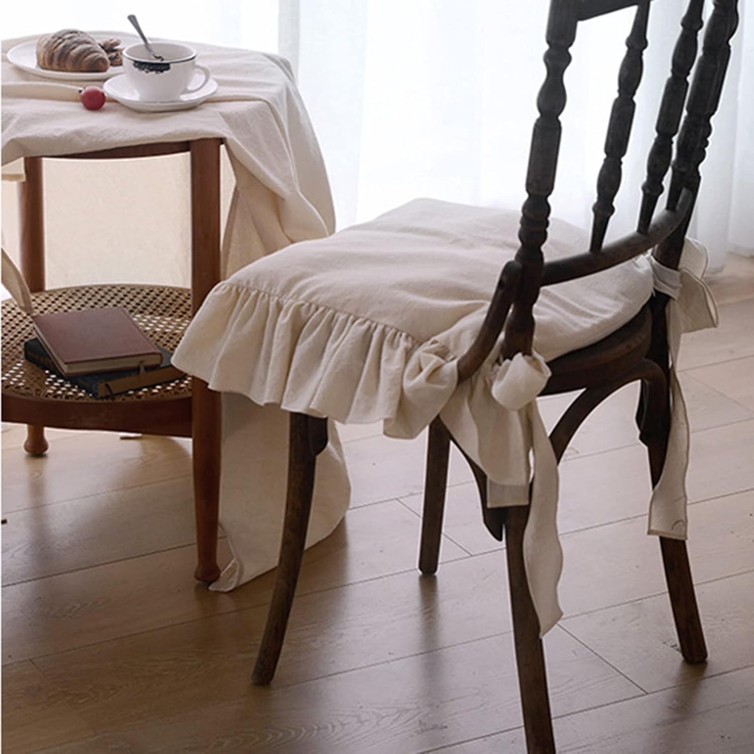 Ruffled Chair Cushions with Ties Elegant Vintage Cotton Chair Pads Soft Cotton Filled Seat Cushion for Farmhouse Home Kitchen Dining