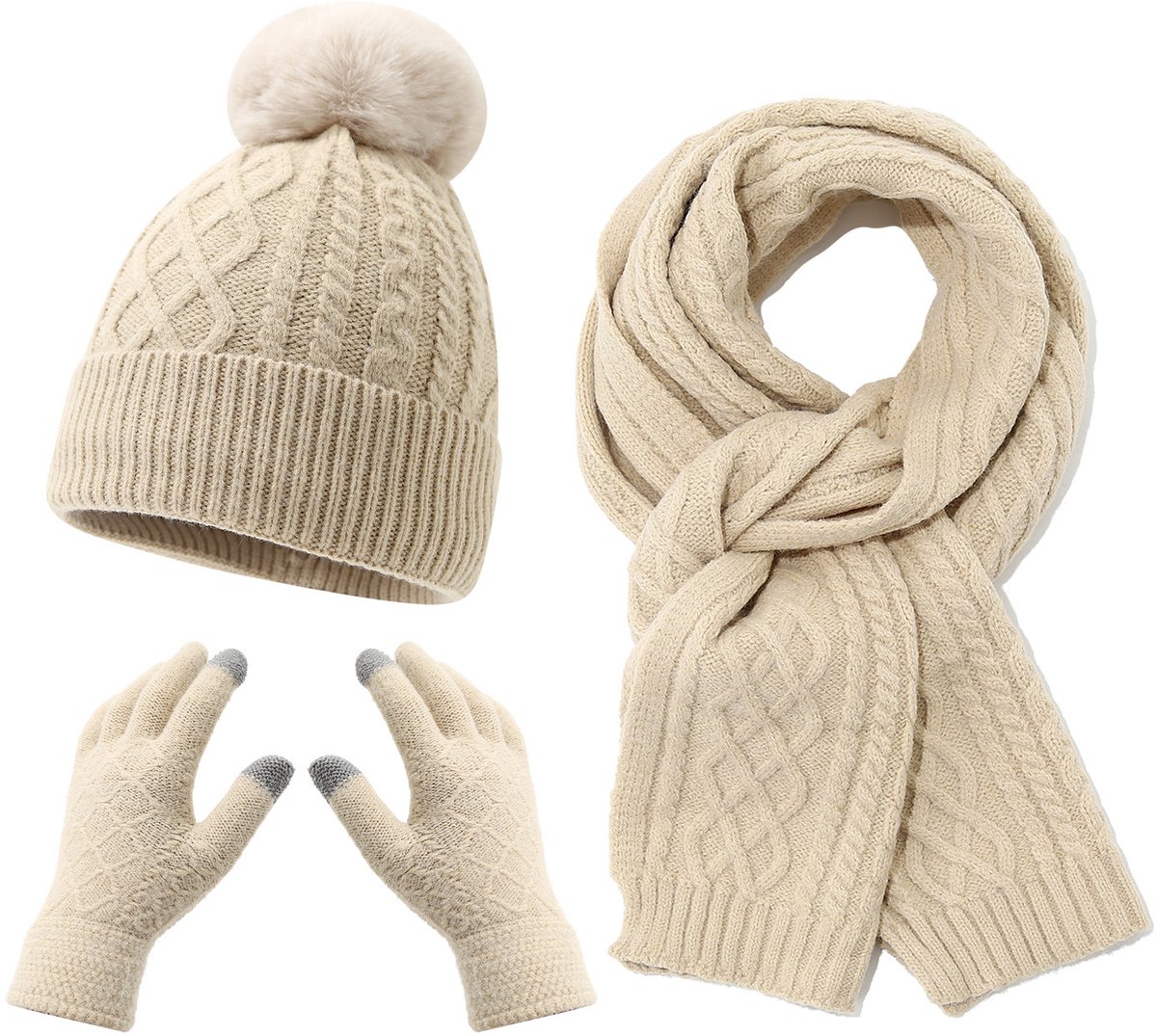Women's Three-Piece Scarf Set - Women's Scarf - Women's Gloves - Warm Winter Hat - Solid Color - Cable Knit - Warm Hat with Fleece Lining - Knitted Hat with Pompom - Scarf - Unisex - Gloves - Beige