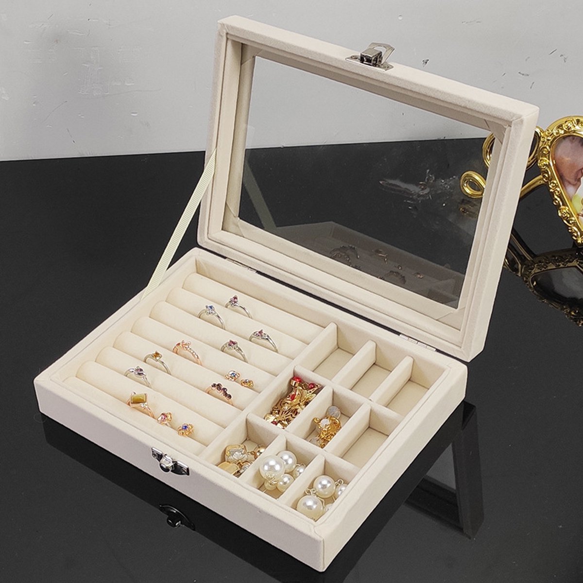 Jewelry Box - Jewelry Box with Glass Lid and Lock - 9 Compartment Jewelry Organizer - Suitable for storing earrings Jewelry Box - Jewelry Box with Glass Lid and Lock - 9 Compartment Jewelry Organizer - Suitable for storing earrings
