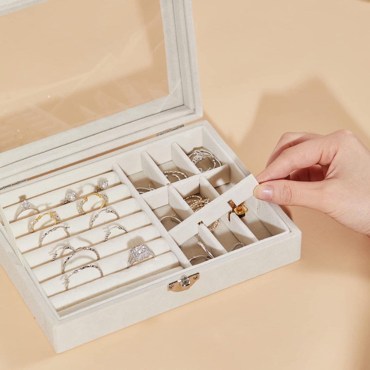 Jewelry Box - Jewelry Box with Glass Lid and Lock - 9 Compartment Jewelry Organizer - Suitable for storing earrings
