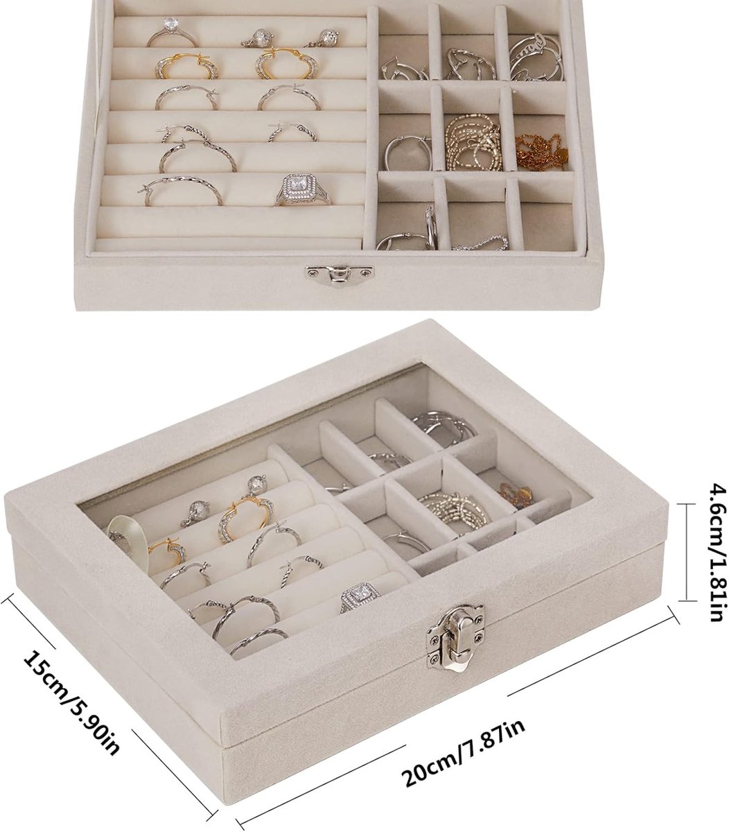 Jewelry Box - Jewelry Box with Glass Lid and Lock - 9 Compartment Jewelry Organizer - Suitable for storing earrings
