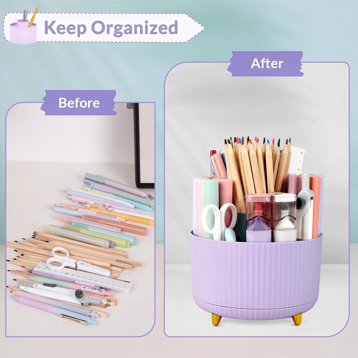 Storage Box - Rotating purple organizer for pens and art supplies - Storage box with compartments - Rotatable - Suitable for offices