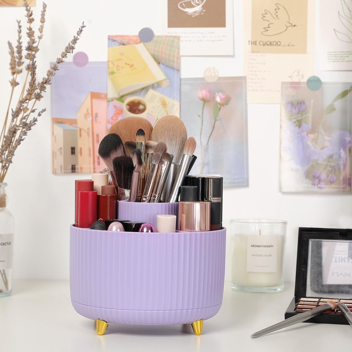 Storage Box - Rotating purple organizer for pens and art supplies - Storage box with compartments - Rotatable - Suitable for offices