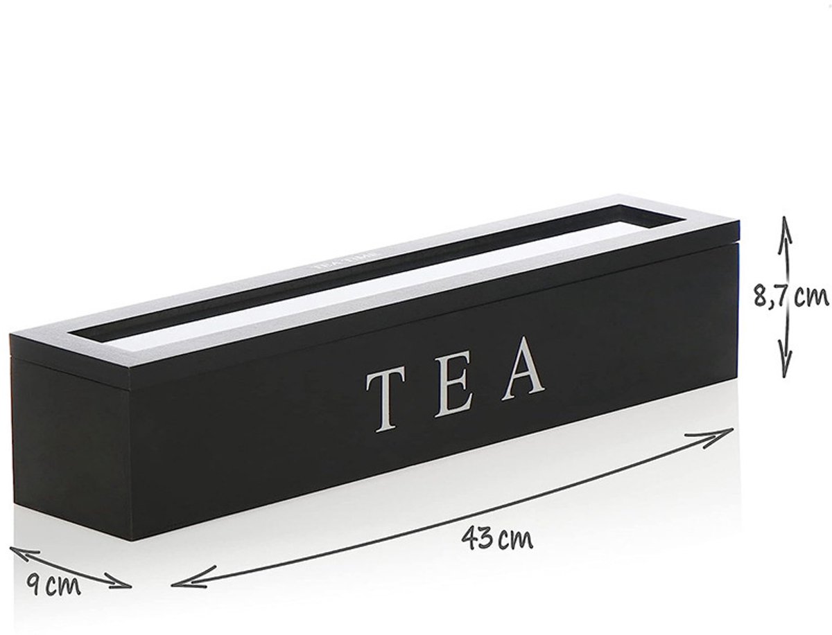 Tea Box - Tea Box 6 Compartments - Wooden Tea Box - Suitable for Loose Tea - 43 × 9 × 8.7 cm - Black