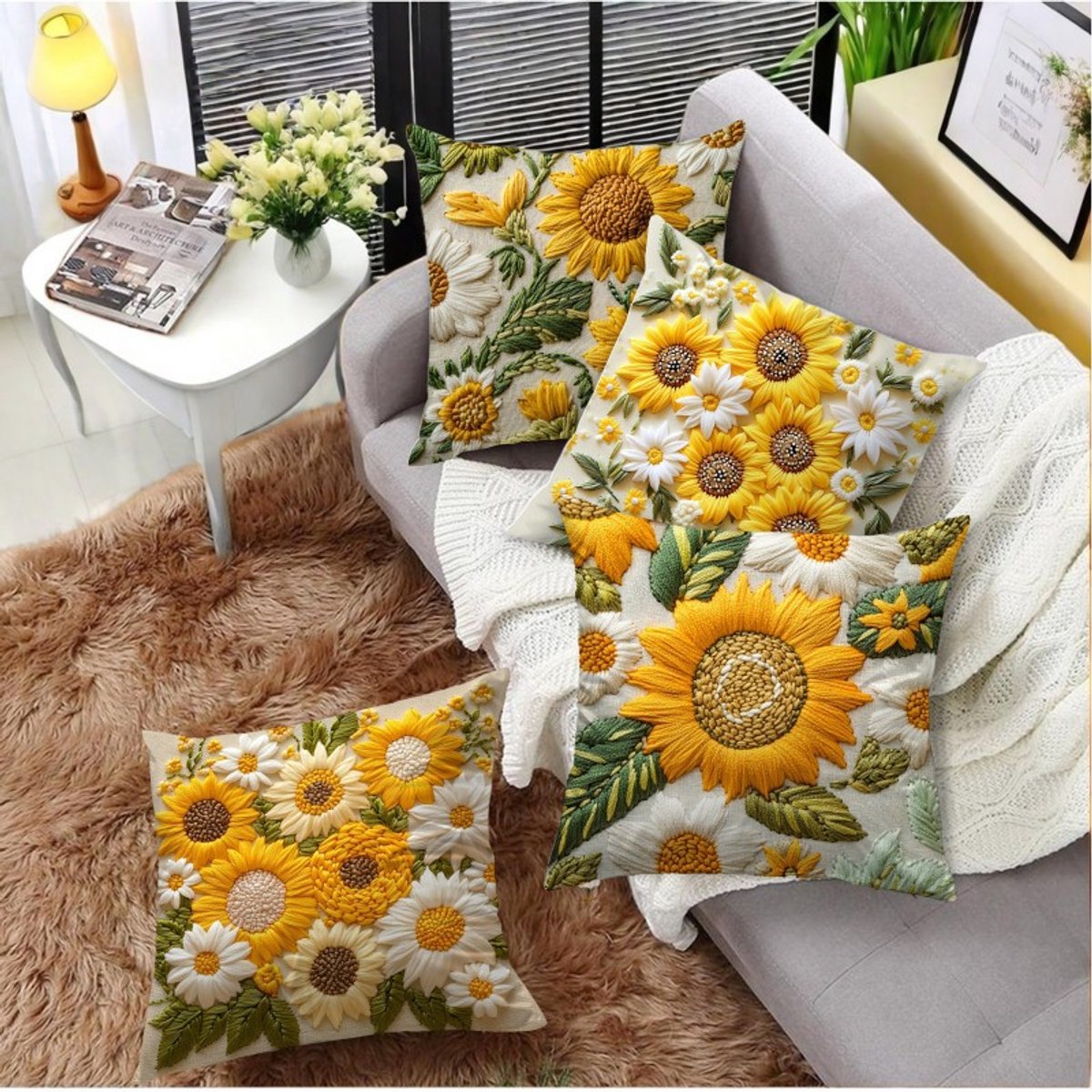 Pillowcase - 4 pieces - 45*45 cm - Flat pillowcase - Soft sunflower decoration - Modern pillowcases - Suitable for beds