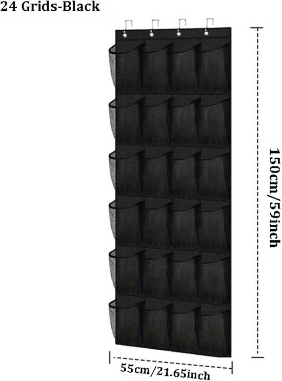 Shoe rack with 24 compartments - Made of sturdy and durable Oxford cloth - Can be hung on a door - Suitable for wardrobes with mesh walls - Black
