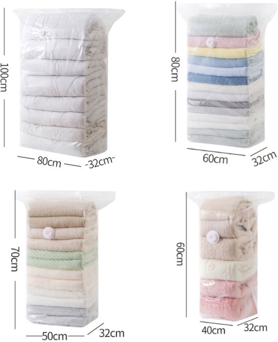 4-Piece Clothing Storage Bags - Compression Bags - Vacuum Bags for Sealing Blankets - Suitable for Travel Clothes - Reusable - Space-Saving - With Manual Press or Air Pump - Suitable for Clothes