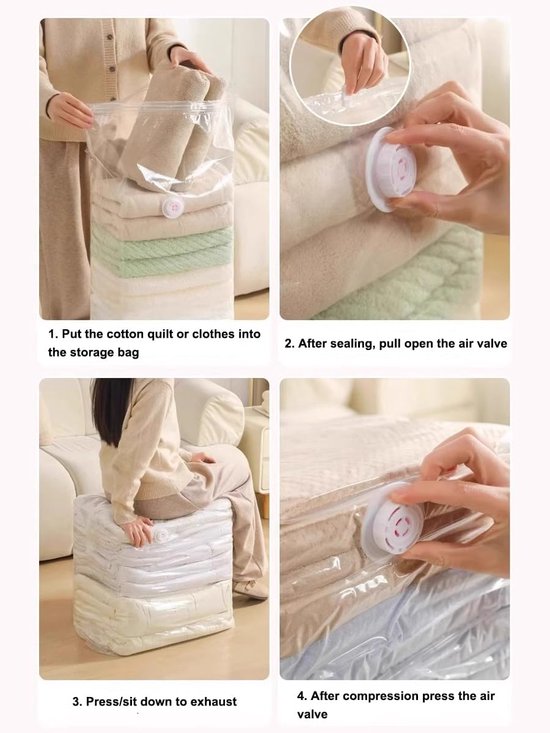4-Piece Clothing Storage Bags - Compression Bags - Vacuum Bags for Sealing Blankets - Suitable for Travel Clothes - Reusable - Space-Saving - With Manual Press or Air Pump - Suitable for Clothes