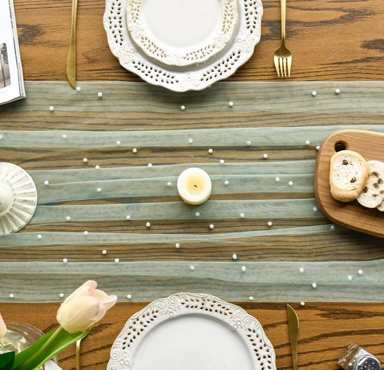 Light Green Table Veil with White Pearls - Silky Gauze 30x120 Inches - For Weddings