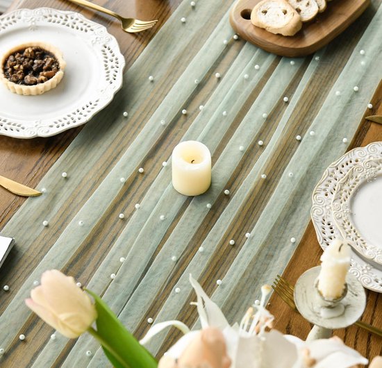 Light Green Table Veil with White Pearls - Silky Gauze 30x120 Inches - For Weddings