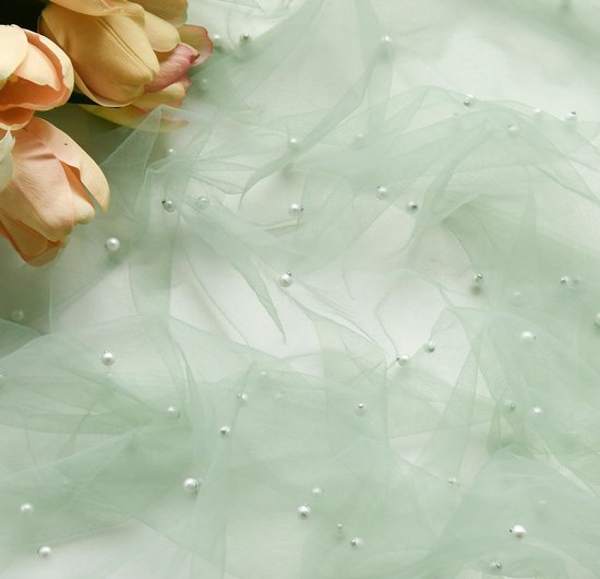Light Green Table Veil with White Pearls - Silky Gauze 30x120 Inches - For Weddings