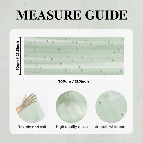 Light Green Table Veil with White Pearls - Silky Gauze 30x120 Inches - For Weddings