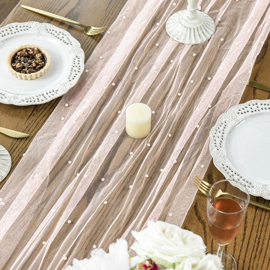 Pink Table Veil with White Pearls - Silky Gauze 30x120 Inches - For Weddings