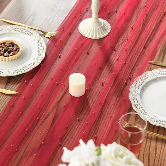 Red Table Veil with White Pearls - Silky Gauze 30x120 Inches - For Weddings