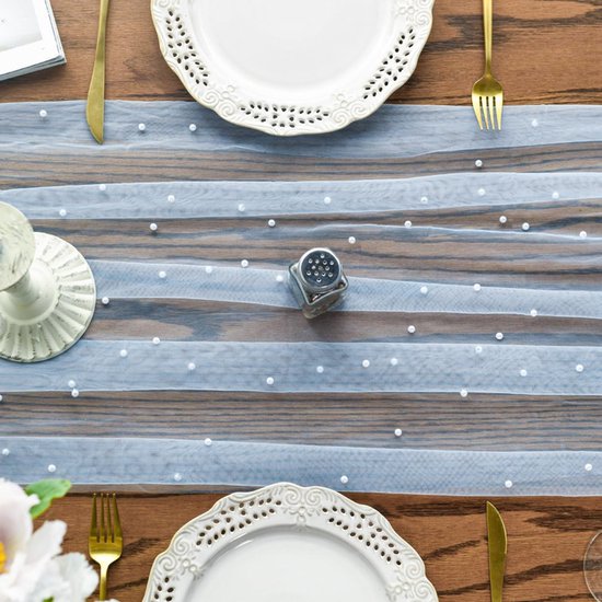 Light Blue Table Veil with White Pearls - Silky Gauze 30x120 Inches - For Weddings