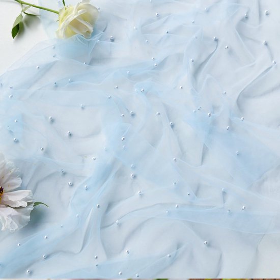 Light Blue Table Veil with White Pearls - Silky Gauze 30x120 Inches - For Weddings