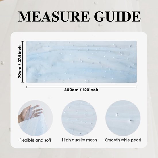 Light Blue Table Veil with White Pearls - Silky Gauze 30x120 Inches - For Weddings