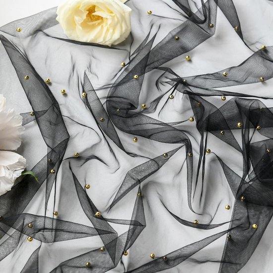Black Table Veil with White Pearls - Silky Gauze 30x120 Inches - For Weddings