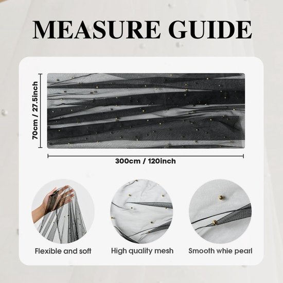 Black Table Veil with White Pearls - Silky Gauze 30x120 Inches - For Weddings