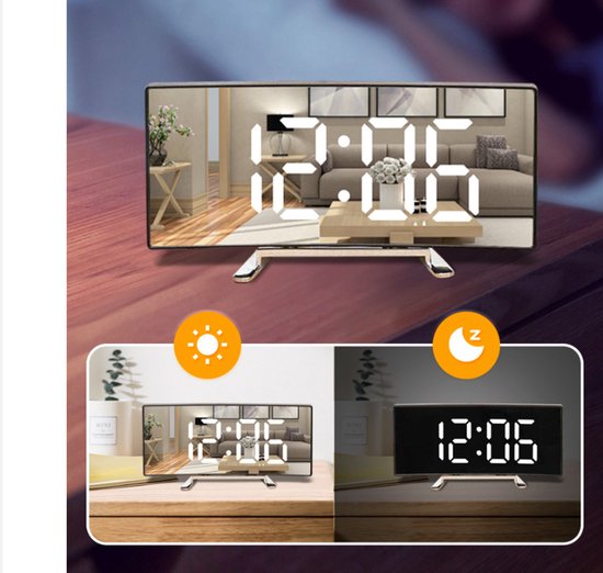 Multifunctional electronic alarm clock with light effect - Creative large screen - Curved LED light - Digital home mirror - Clock decoration - Black casing