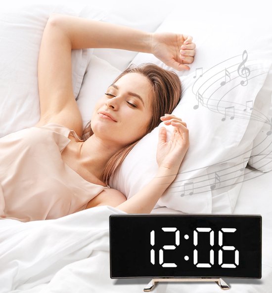 Multifunctional electronic alarm clock with light effect - Creative large screen - Curved LED light - Digital home mirror - Clock decoration - Black casing