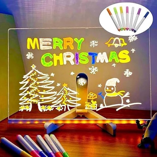 Drawing board - Colored LED whiteboard - Illuminated acrylic whiteboard - Illuminated memo board stand - Glass panel with LED lights and 7 pens - For school and home use respectively - 30x20cm