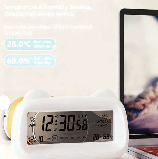 Alarm Clock - Digital Alarm Clock - Digital Clock - Smart Alarm Clock - Electronic Calendar - Cat-shaped Alarm Clock with Light - Real-time Temperature and Humidity Monitoring - Weather Display - Large Night Light Screen - USB Charging(Purple)