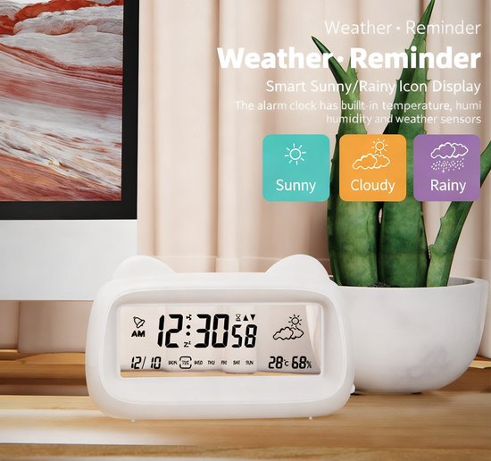 Alarm Clock - Digital Alarm Clock - Digital Clock - Smart Alarm Clock - Electronic Calendar - Cat-shaped Alarm Clock with Light - Real-time Temperature and Humidity Monitoring - Weather Display - Large Night Light Display Screen - USB Charging(Vegetable)