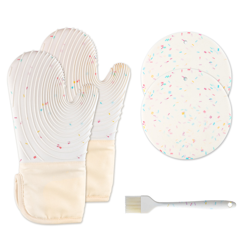 Quilted Cotton Terry Oven Mitts, Pot Holders, Kitchen Brushes, Set of 5, Heat Resistant, Silicone Handles, Shake