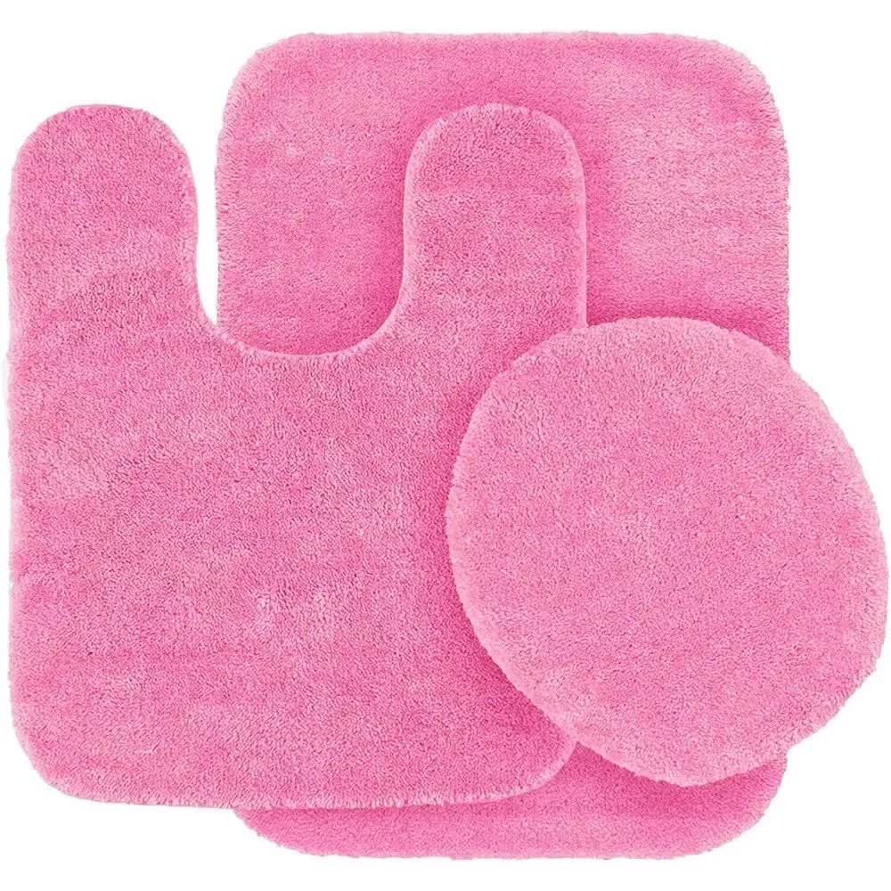 Gorgeous Home Linen Bathroom 6 Modern Solid Print 3-Count Grey Polyester Bath Rugs, 18 x 28, Non-Slip Backing Pink