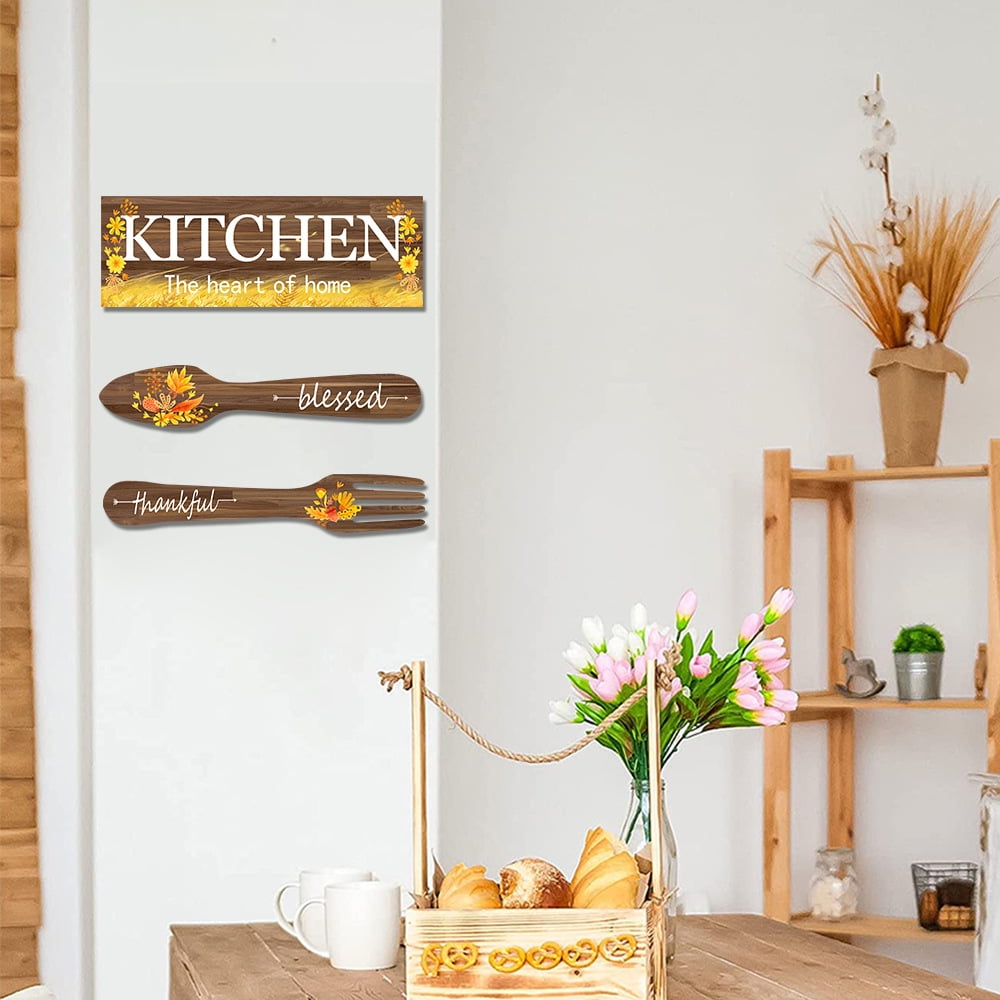 3 Pieces Sunflower Kitchen Decor Spring Decorations Blessed Thankful Wooden Hanging Sign Sunflower Gifts Wall Art Decor Farmhouse Summer Home Decor for Kitchen White