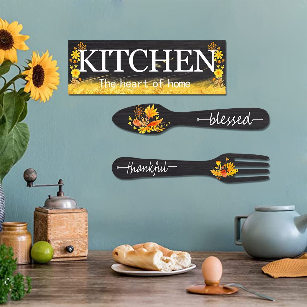 3 Pieces Sunflower Kitchen Decor Spring Decorations Blessed Thankful Wooden Hanging Sign Sunflower Gifts Wall Art Decor Farmhouse Summer Home Decor for Kitchen White