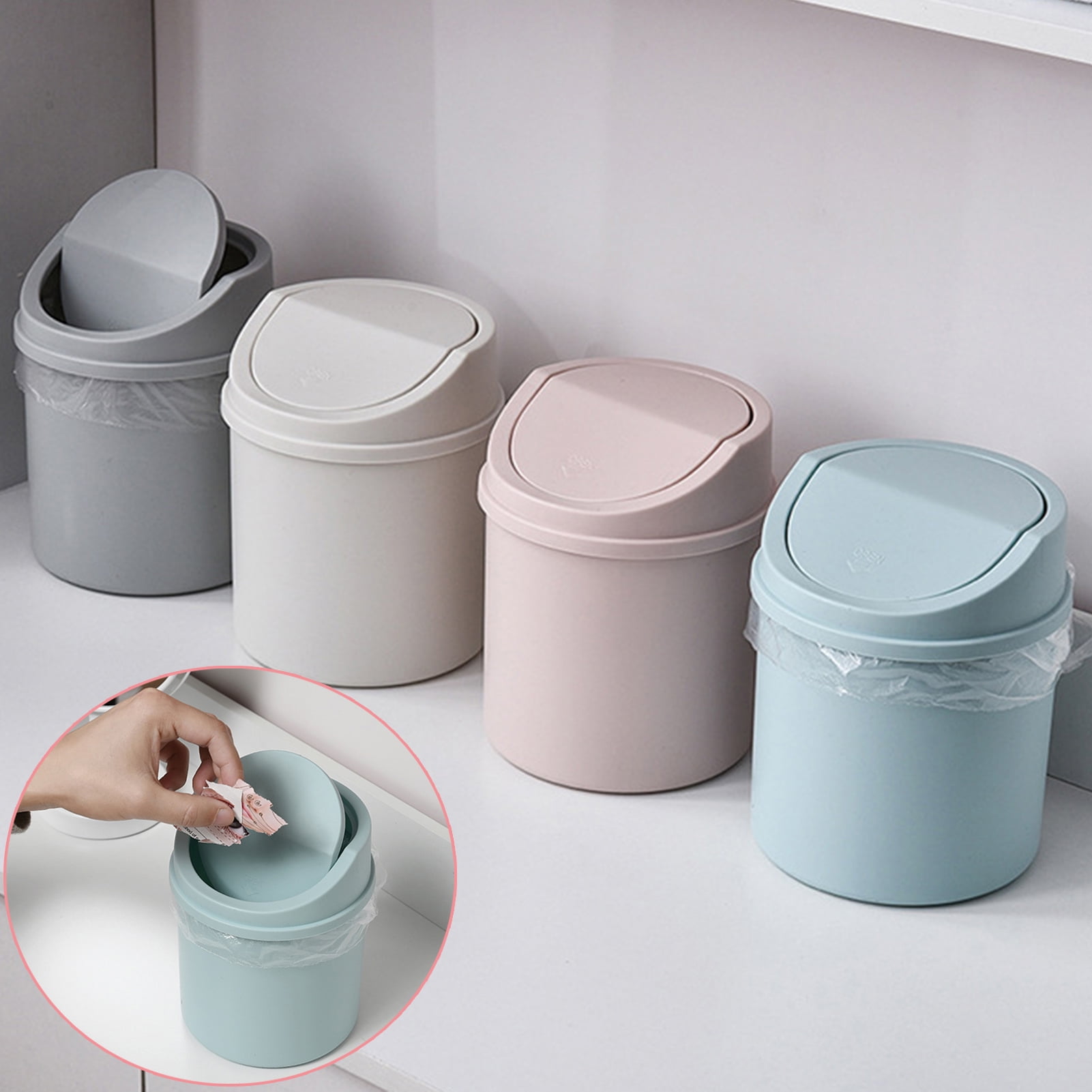 Walbest Desktop Mini Cute Trash Can with Swing Lid, Space Saving PP Plastic Cylindrical Tiny Garbage Can, Size: 6.69" x 5.12 Grey