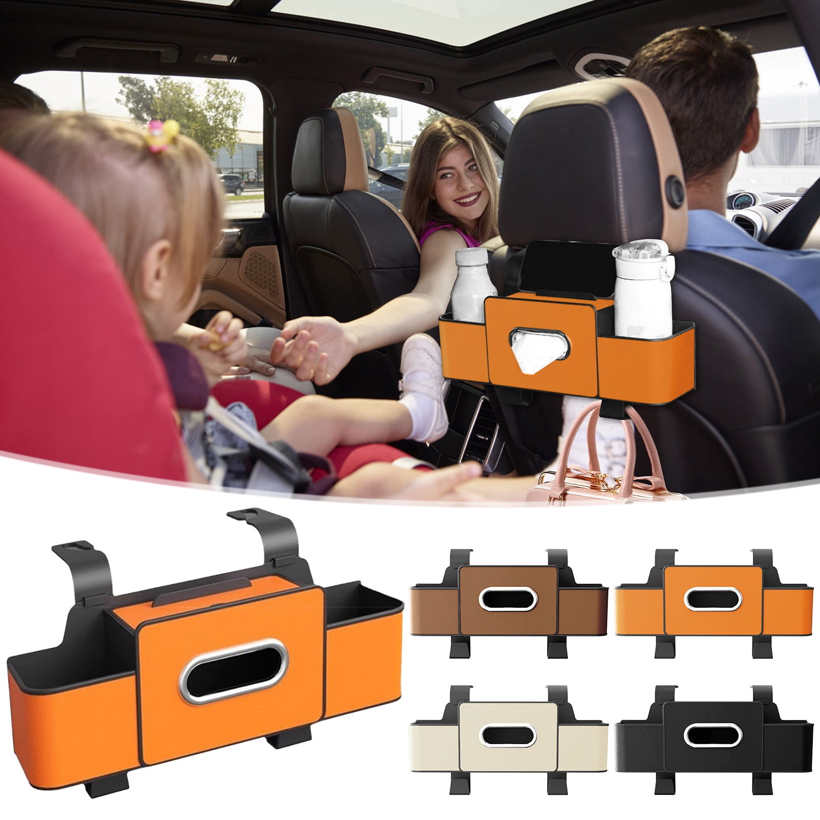 Tyidzon Backseat Cup Holder for Car Extra Multifunctional Drink Cup Holder Organizers with Tissue Storage Box for Car Travel Accessories Orange