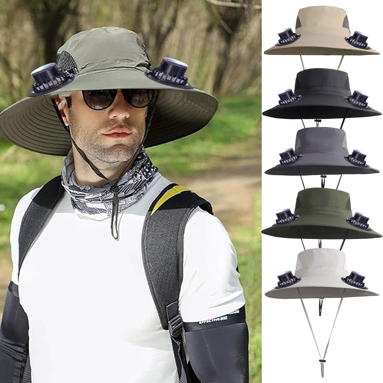 PALIFEUR Wide Brim Solar Fan Hat with 2 Solar Fan, Fan Built in Hat with Fans Solar Power, Solar Powered Fan Hat for Outdoor Fishing Travel, 3 Speed Adjustable Fan Hat Gray