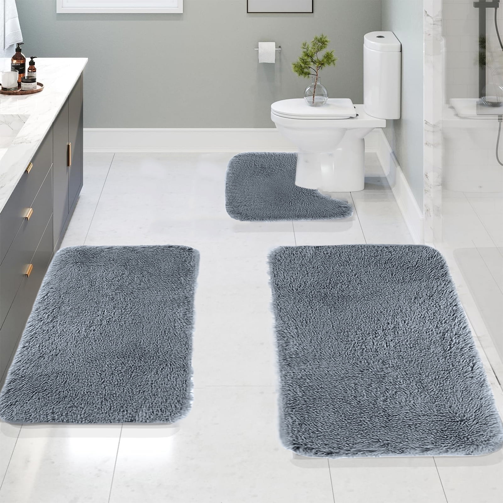 Bathroom Rugs Solid Color Bath Mats 3 Set Bath Mats for bathroom Toilet Mats Universal Soft Comfortable Water Absorption Non-Slip Thick Machine Washable Easier to Dry BDrak Gray