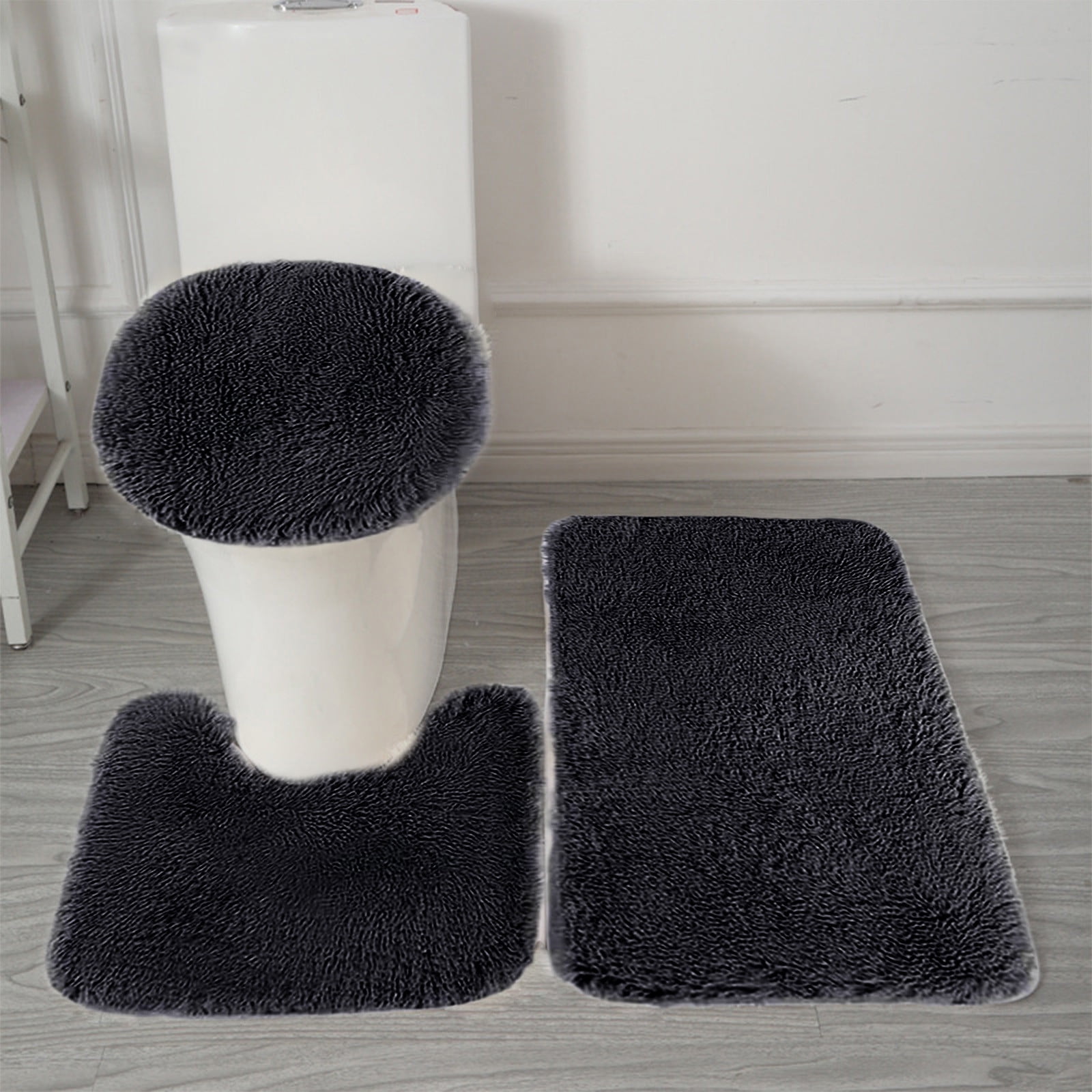 Under $5 Tyidzon Bathroom Rugs Solid Color Bath Mats 3 Set Bath Mats for bathroom Toilet Mats Universal Soft Comfortable Water Absorption Non-Slip Thick Machine Washable Easier to Dry Black 1