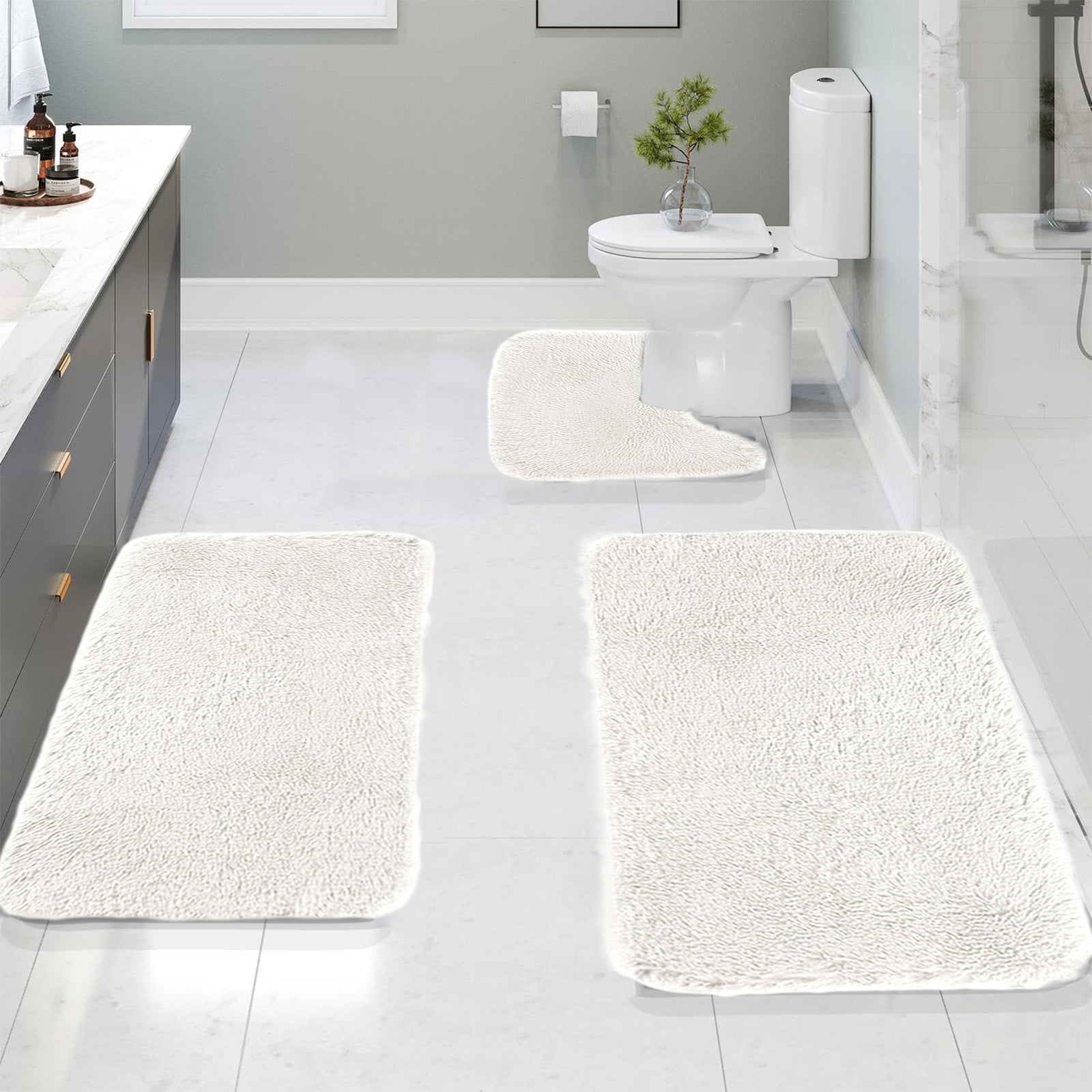 Under $5 Tyidzon Bathroom Rugs Solid Color Bath Mats 3 Set Bath Mats for bathroom Toilet Mats Universal Soft Comfortable Water Absorption Non-Slip Thick Machine Washable Easier to Dry White